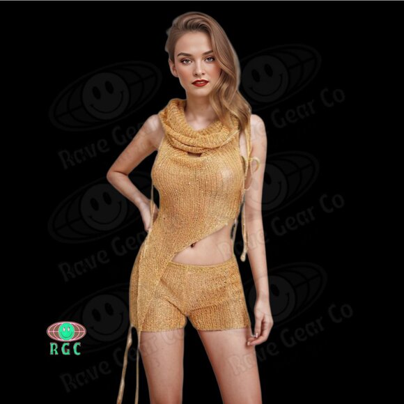 Hooded Boho Sequin Mesh Asymmetrical Matching Set Shorts Festival EDM Rave NWT - Picture 3 of 7